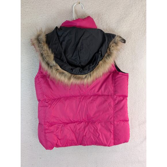 LL Bean Goose Down Vest Pink Womens Medium Removable Hood Fur Trim Zip Pockets - Picture 2 of 16